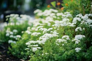 White flowers in the garden in the summer. Selective focus, select focus image of small white flower bed in the garden, AI Generated photo