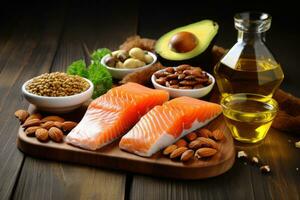 Salmon fillet with nuts and oil on a wooden background, Selection of healthy food sources of omega 3, natural sources of omega 3, AI Generated photo