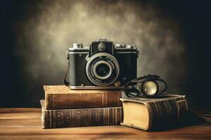 Vintage camera, books and glasses on wooden table. filtered image, render of a sexy woman in black lingerie over grey background, AI Generated photo