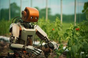 Robot in the greenhouse. Industrial robot in the greenhouse. Artificial intelligence, Robots farming fuman, AI Generated photo