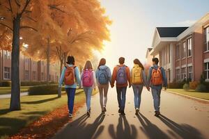 estudiantes caminando a colegio juntos, amistad, encarnando el De vuelta a la escuela concepto, generativo ai foto