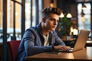 estudiante trabajando en un computadora portátil, el estudiante con el computadora en un café a el mesa, generativo ai foto