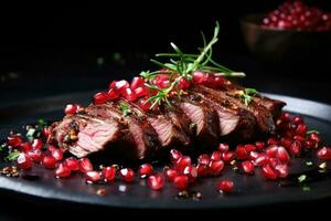 Grilled steak with pomegranate and rosemary on black plate, Roasted duck fillet with pomegranate seeds and herbs, AI Generated photo