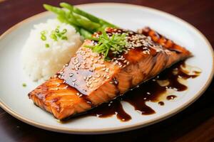 Salmon teriyaki with rice - japanese food style, Salmon soy sauce meal, AI Generated photo