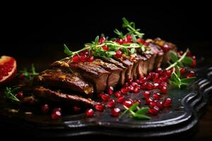 Slices of grilled duck breast with pomegranate seeds, Roasted duck fillet with pomegranate seeds and herbs, AI Generated photo