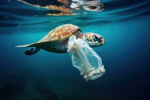 verde mar Tortuga con el plastico bolso flotante en el océano. concepto de ambiental contaminación, mar Tortuga con el plastico pantalones en el océano. concepto de ambiental contaminación, ai generado foto