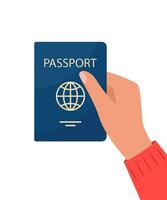 Passport in hand. Man holds personal identification document. Passport for travel and tourism. Travel, citizenship, migration concept. Vector illustration.