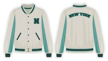 Beige teal varsity jacket front and back view, vector mockup illustration