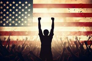 silueta de un ventilador en contra americano bandera en grunge efecto, silueta de brazos elevado ondulación un Estados Unidos bandera con orgullo, ai generado foto