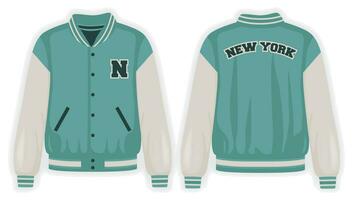 Beige teal varsity jacket front and back view, vector mockup illustration