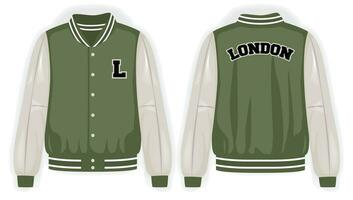 Beige green varsity jacket front and back view, vector mockup illustration