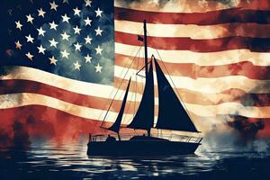 Sailing boat on the background of the American flag. 3D illustration, Silhouette of a sailboat on the background of the American flag, AI Generated photo