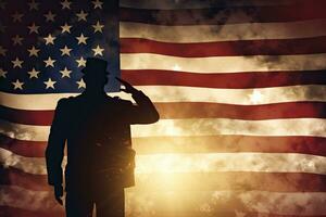 silueta de soldado saludando en contra americano bandera en grunge efecto, silueta de un hombre saludando en el antecedentes de el americano bandera, ai generado foto