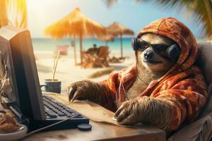 3D render of a sloth working on a laptop at the beach, Sloth freelancer working at tropical beach, AI Generated photo