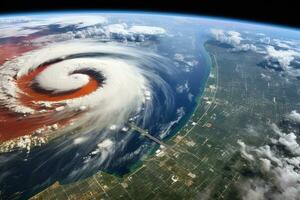 satélite ver de planeta tierra desde espacio durante un soleado día, espacio ver de el americano ian huracán en Florida estado de unido estados demostración el, ai generado foto