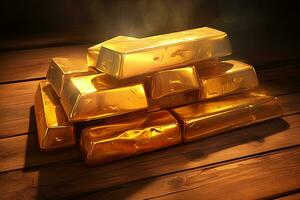 Stack of gold bars on wooden table, 3d render illustration, Shiny and glowing gold bars on a wooden surface, AI Generated photo