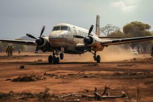 abandonado avión en el suelo en África, Kenia, África, pequeño apuntalar avión, aterrizaje en suciedad aterrizaje tira en África, ai generado foto