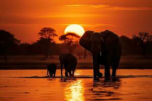 Elephants at sunset in Chobe National Park, Botswana, Africa, Silhouette of elephants at sunset in Chobe National Park, Botswana, Africa, AI Generated photo