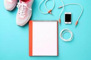 Top view of sneakers, earphones, notebook and mobile phone on blue background, Sports equipment with shoes, skipping rope, blank notebook and mobile cellphone with, AI Generated photo