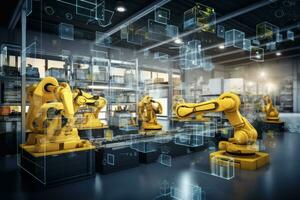 Smart industry robot arms for digital factory production technology showing automation manufacturing process of Industry 4.0 or 4th industrial revolution and IOT software to control, AI Generated photo