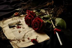 Romantic still life with red roses and old books on black background, Sorrow's Remnants Create an image that portrays the aftermath of war, featuring a broken flower vase, AI Generated photo