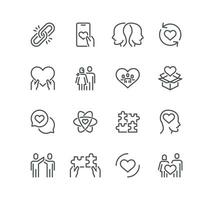 Set of friendship and charity related icons, relationship, sympathy, donation, community, support, trust and linear variety vectors. vector