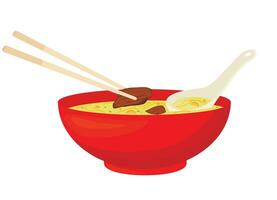 Chicken noodle soup in a red ceramic soup plate. Vector stock illustration. Asian cuisine. Isolated on a white background.