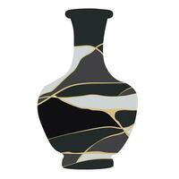 Kintsugi ceramics vase. vector illustration. Reborn pottery from broken tableware, repaired with gold line patterns. Vintage Japanese vase. Colored flat graphic.  isolated on white background