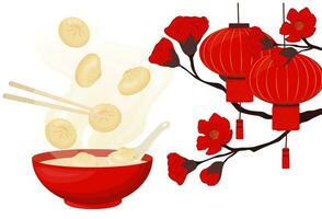 Chinese food. Red lanterns. Cherry blossoms. Dumplings in a plate. Vector stock illustration. Isolated on a white background.