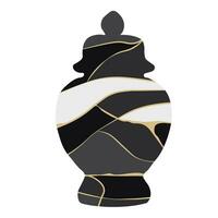 Kintsugi ceramics vase. vector illustration. Reborn pottery from broken tableware, repaired with gold line patterns. Vintage Japanese vase. Colored flat graphic.  isolated on white background