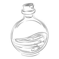 A glass bottle with a potion. Witchcraft and a curse. Vector stock illustration. Isolated on a white background.