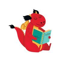 Funny dragon sits and reads a book. Vector graphic.