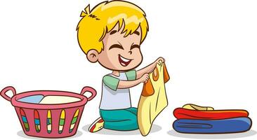 contento pequeño chico haciendo tareas del hogar limpieza vector