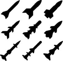 misil icono colocar. misil gráfico recursos para icono, símbolo, o signo. vector icono de cohete misiles para diseño de guerra, conflicto o militar