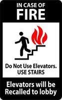 In Case Of Fire Sign Do Not Use Elevators. Use Stairs, Elevators Will Be Recalled To Lobby vector