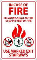 In Case Of Fire Sign Elevators Shall Not Be Used In Event Of Fire, Use Marked Exit Stairways vector