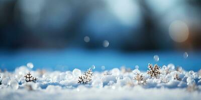 Navidad antecedentes con copos de nieve y Bokeh. ai generado. foto