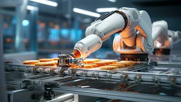 robotic arms working on a production line in a factory. AI Generated. photo