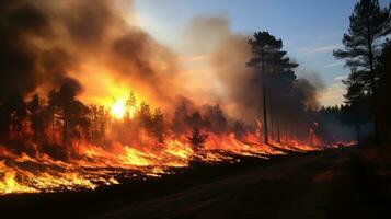 Forest fire, burning pine trees in the forest, natural disaster. AI Generated. photo