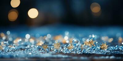 Christmas background with bokeh defocused lights and snowflakes. AI Generated. photo