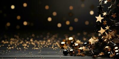 Christmas and New Year background. Golden Christmas decorations on black wooden table. AI Generated. photo