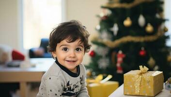 Cute little boy celebrating Christmas at home. AI Generated. photo