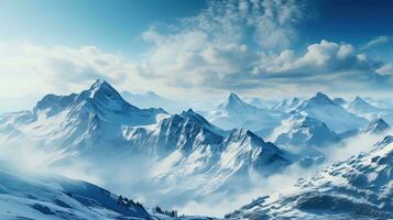 Snowy mountains and clouds. Panoramic view. AI Generated. photo