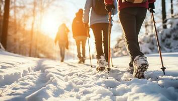 Group of friends hiking in winter forest. Hikers walking on snow covered trail AI Generated photo