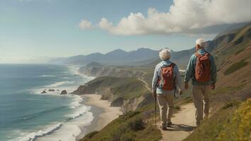 Old couple hiking and enjoying a very nice time, wondering at the beauty of nature, Generative AI photo