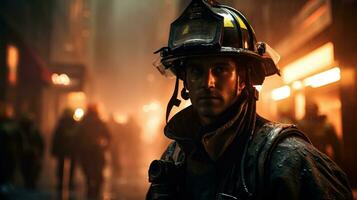 retrato de un bombero en uniforme y casco en pie en el fuego ai generado foto