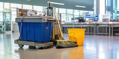 Mop and bucket with cleaning equipment in airport terminal. Cleaning service concept AI Generated photo