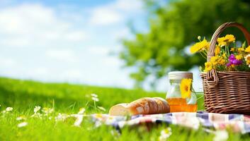 Picnic basket with honey and bread on green grass in sunny day. AI Generated. photo