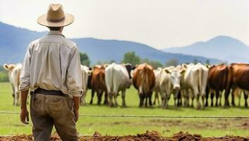 granjero con vacas en el granja en el campo. ai generado. foto