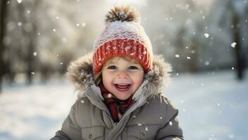 Portrait of a cute little boy having fun in winter park. AI Generated. photo